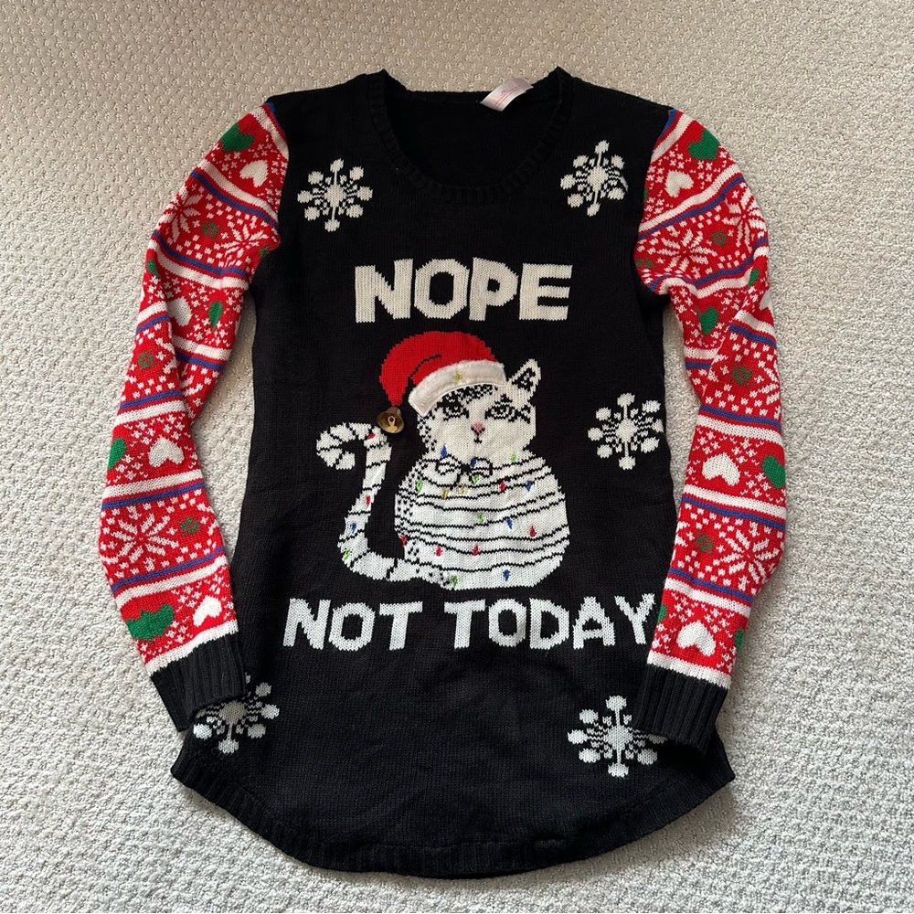 Ugly Christmas Sweater “NOPE NOT TODAY” Cat – Black – Junior L (11–13)